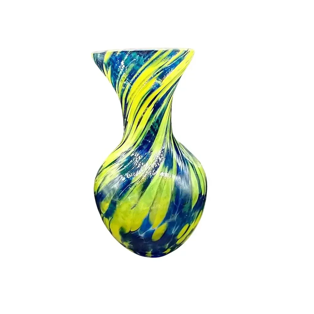 Czech Crystal Vase 5” Royal Limited Mouth Blown Confetti Swirl Blue Yellow